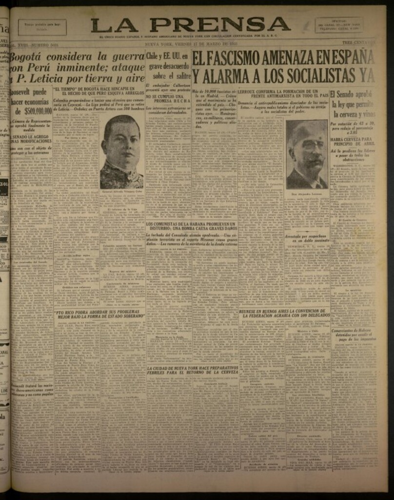 Miniatura de La Prensa: único diario español e hispano americano en Nueva York del 17 de marzo de 1933, nº 5035