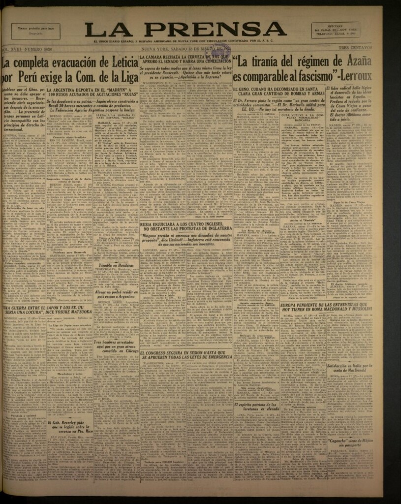 Miniatura de La Prensa: único diario español e hispano americano en Nueva York del 18 de marzo de 1933, nº 5036