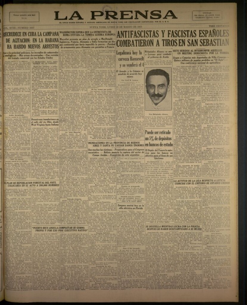 Miniatura de La Prensa: único diario español e hispano americano en Nueva York del 20 de marzo de 1933, nº 5037