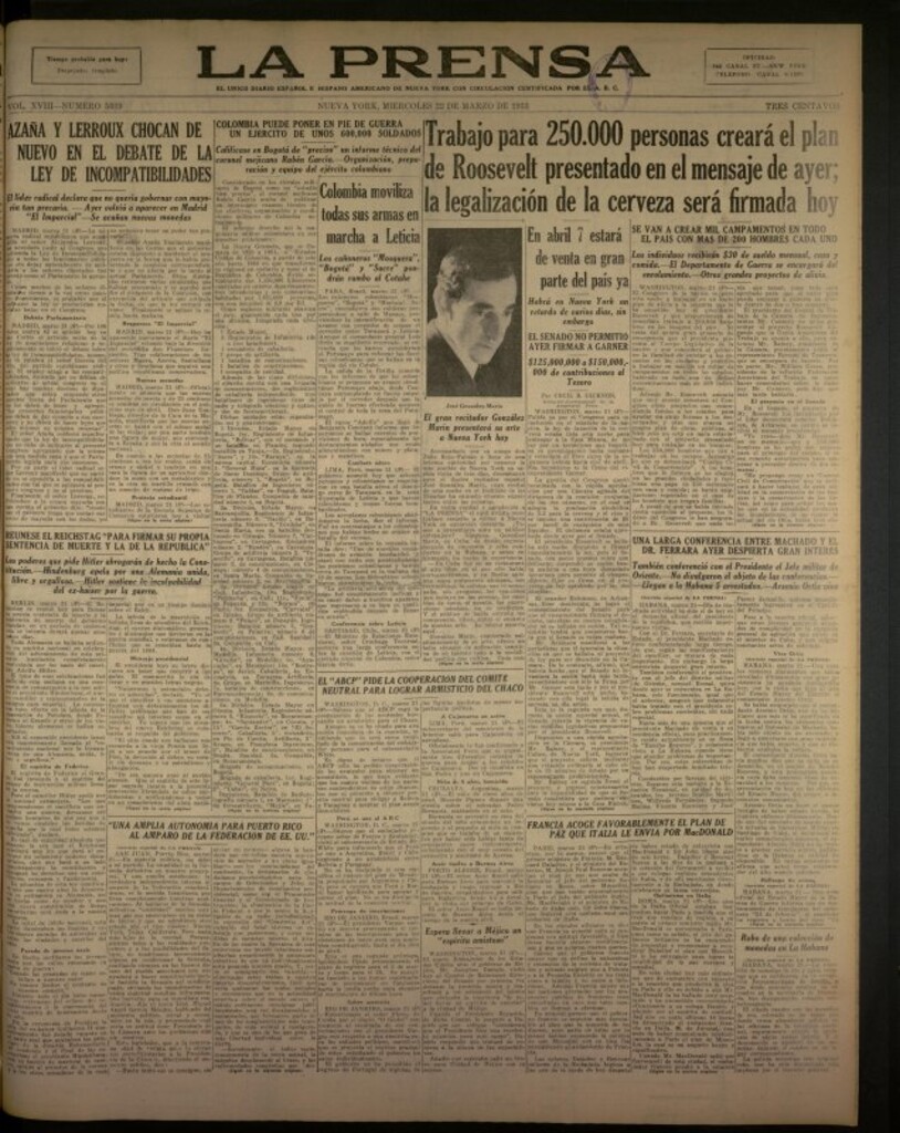 Miniatura de La Prensa: único diario español e hispano americano en Nueva York del 22 de marzo de 1933, nº 5039