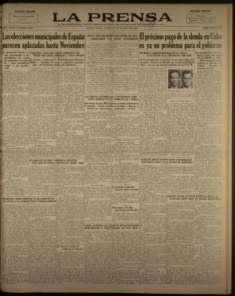 Miniatura de La Prensa: único diario español e hispano americano en Nueva York del 27 de marzo de 1933, nº 5043
