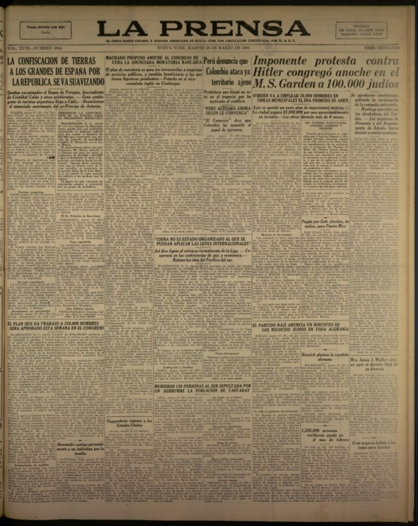 Miniatura de La Prensa: único diario español e hispano americano en Nueva York del 28 de marzo de 1933, nº 5044