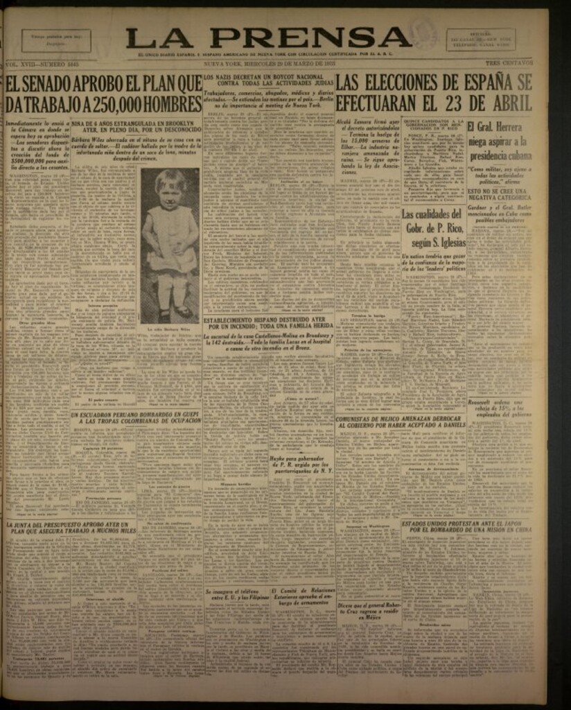 Miniatura de La Prensa: único diario español e hispano americano en Nueva York del 29 de marzo de 1933, nº 5045