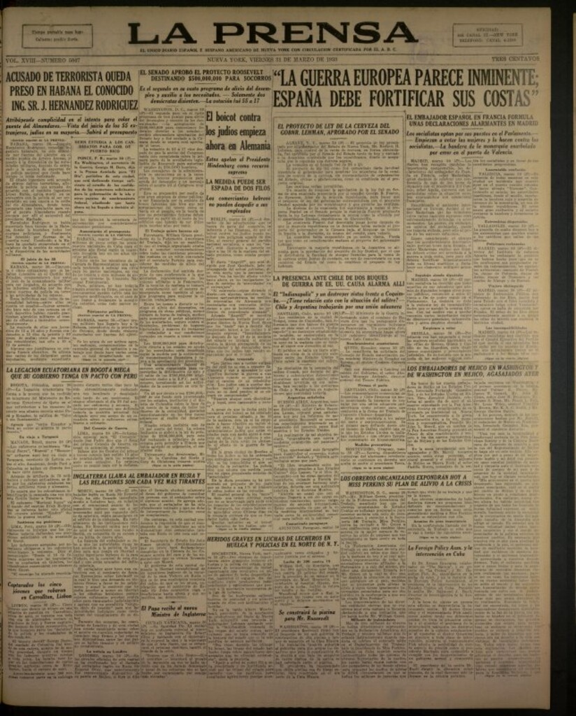 Miniatura de La Prensa: único diario español e hispano americano en Nueva York del 31 de marzo de 1933, nº 5047