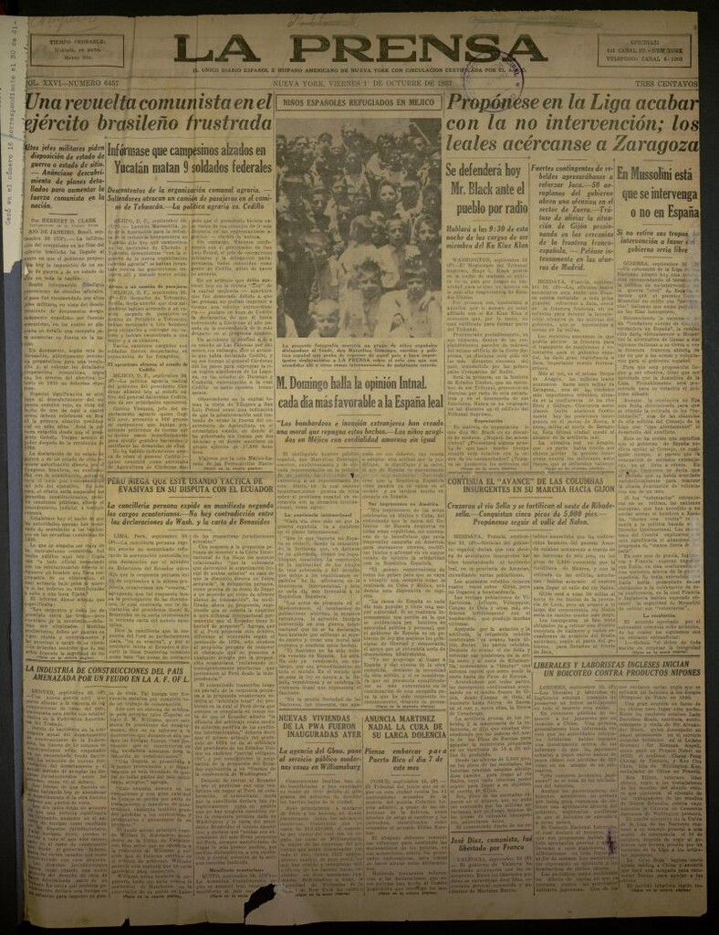 Miniatura de La Prensa: único diario español e hispano americano en Nueva York del 1 de octubre de 1937, nº 6457
