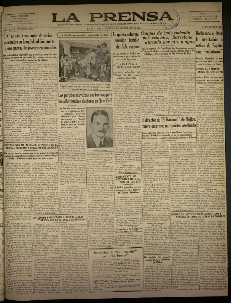 Miniatura de La Prensa: único diario español e hispano americano en Nueva York del 4 de octubre de 1937, nº 6459