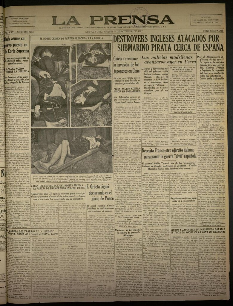 Miniatura de La Prensa: único diario español e hispano americano en Nueva York del 5 de octubre de 1937, nº 6460