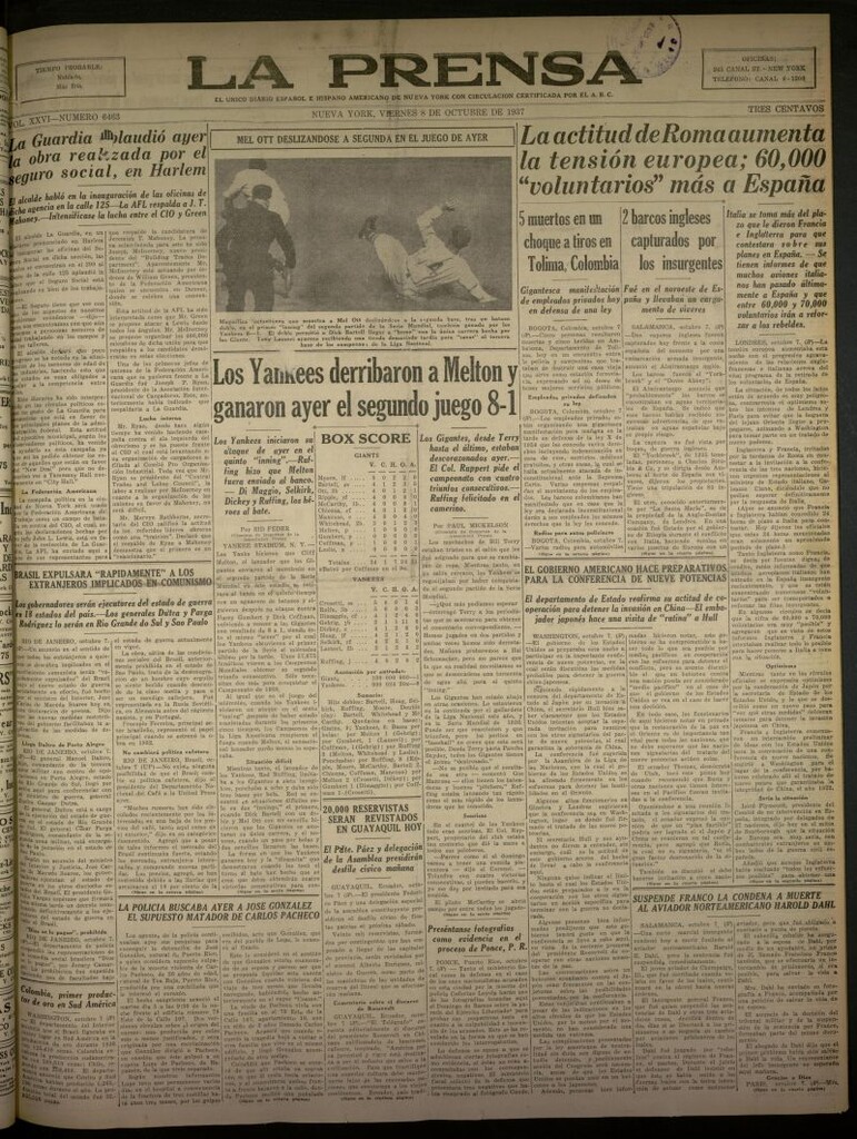 Miniatura de La Prensa: único diario español e hispano americano en Nueva York del 8 de octubre de 1937, nº 6463