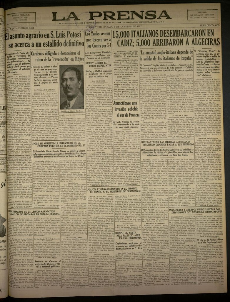 Miniatura de La Prensa: único diario español e hispano americano en Nueva York del 9 de octubre de 1937, nº 6464