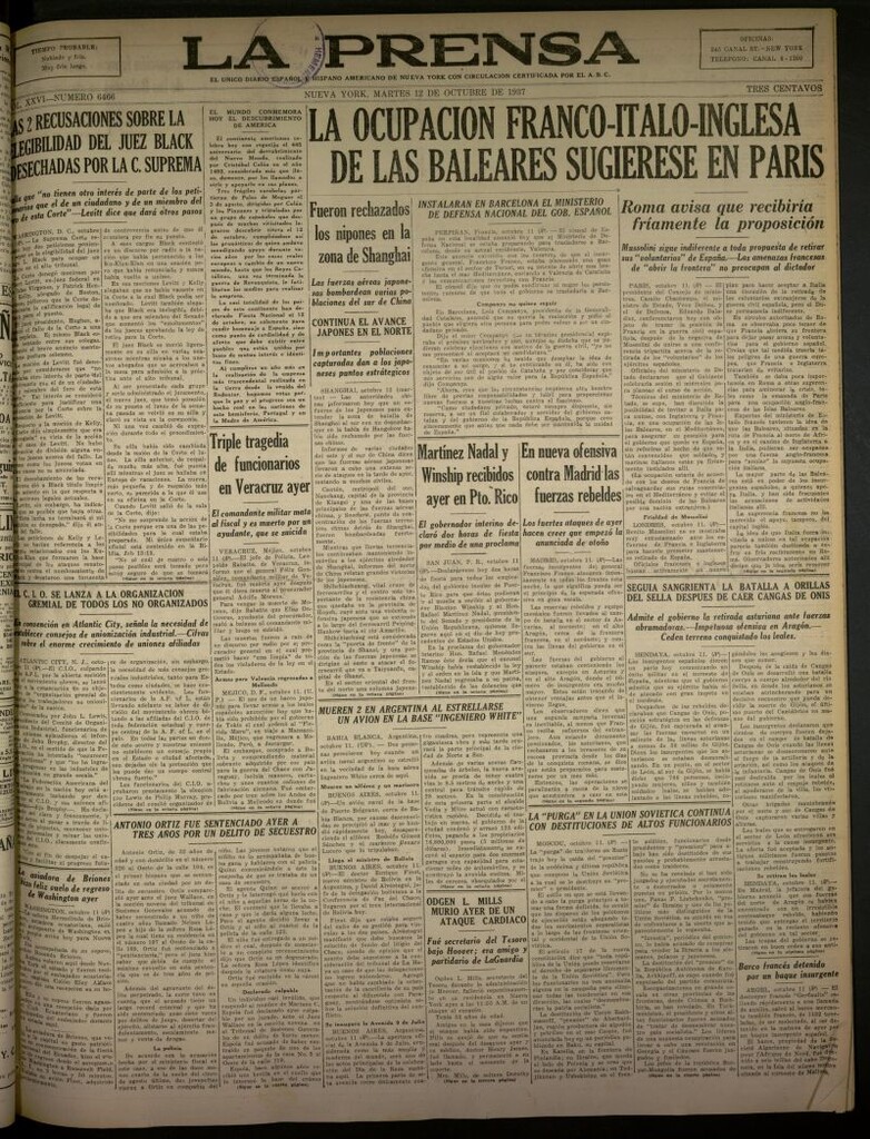Miniatura de La Prensa: único diario español e hispano americano en Nueva York del 12 de octubre de 1937, nº 6466