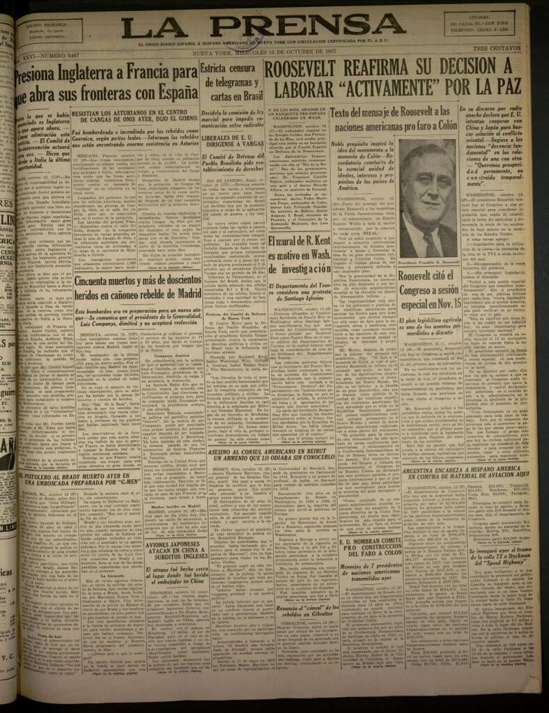 Miniatura de La Prensa: único diario español e hispano americano en Nueva York del 13 de octubre de 1937, nº 6467