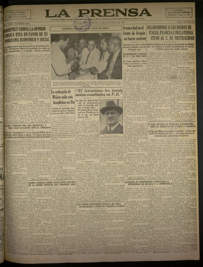 Miniatura de La Prensa: único diario español e hispano americano en Nueva York del 14 de octubre de 1937, nº 6468