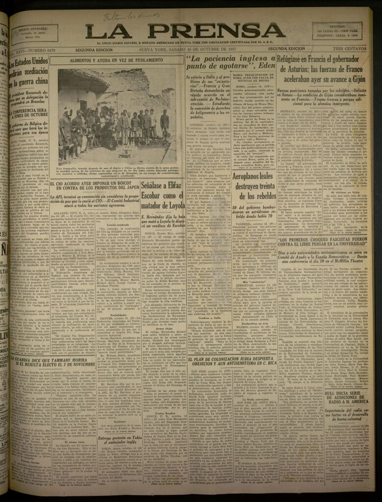 Miniatura de La Prensa: único diario español e hispano americano en Nueva York del 16 de octubre de 1937, nº 6470