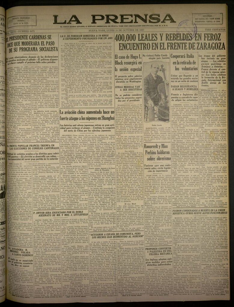 Miniatura de La Prensa: único diario español e hispano americano en Nueva York del 18 de octubre de 1937, nº 6471