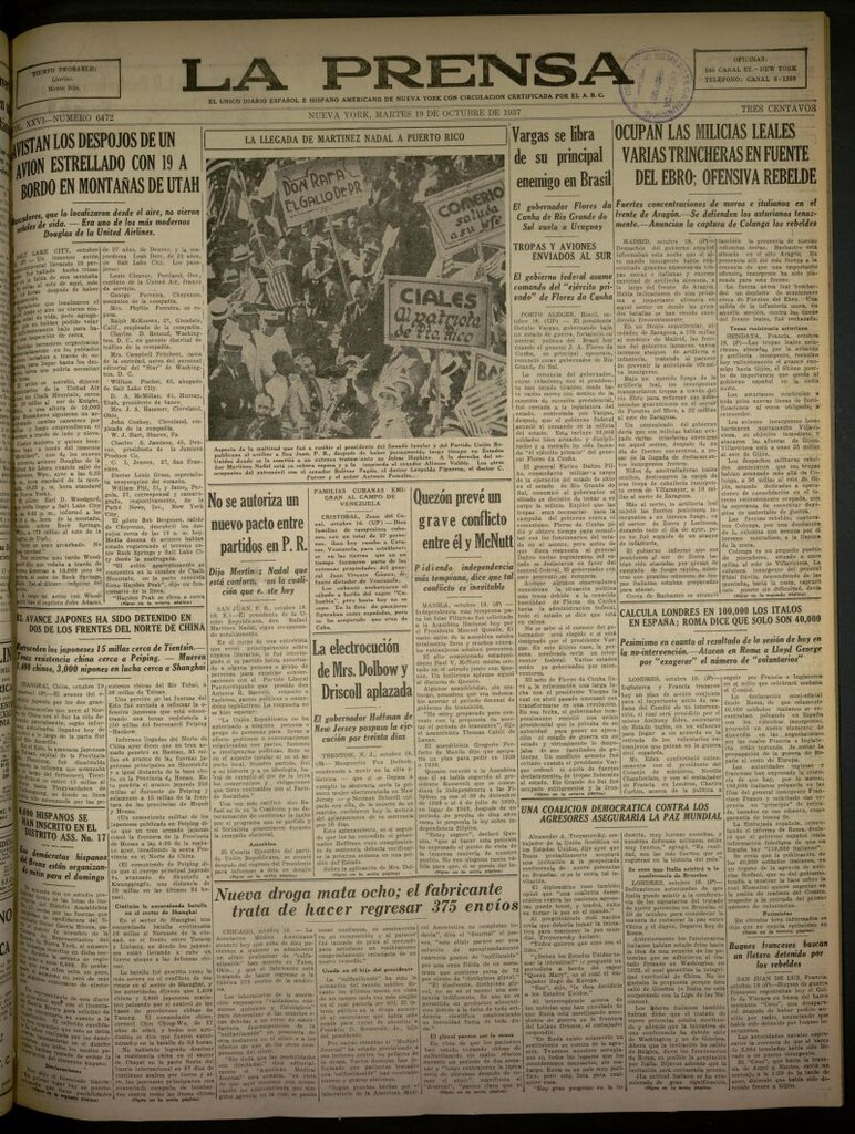 Miniatura de La Prensa: único diario español e hispano americano en Nueva York del 19 de octubre de 1937, nº 6472