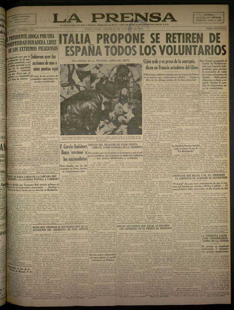 Miniatura de La Prensa: único diario español e hispano americano en Nueva York,de 21 de octubre de 1937, nº 6474