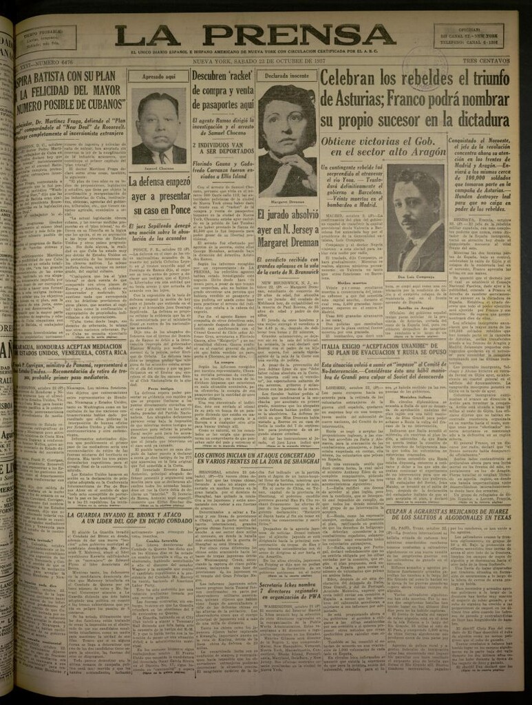 Miniatura de La Prensa: único diario español e hispano americano en Nueva York del 23 de octubre de 1937, nº 6476