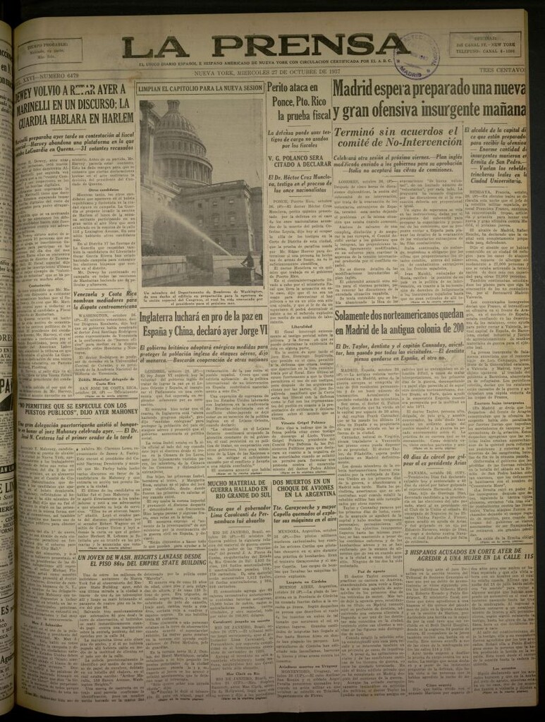 Miniatura de La Prensa: único diario español e hispano americano en Nueva York del 27 de octubre de 1937, nº 6479