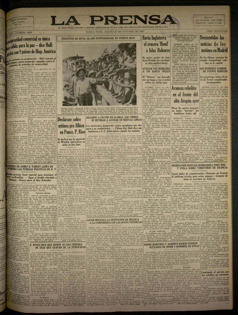 Miniatura de La Prensa: único diario español e hispano americano en Nueva York del 28 de octubre de 1937, nº 6480