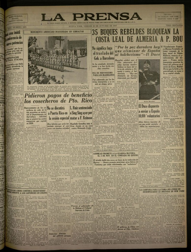 Miniatura de La Prensa: único diario español e hispano americano en Nueva York del 29 de octubre de 1937, nº 6481