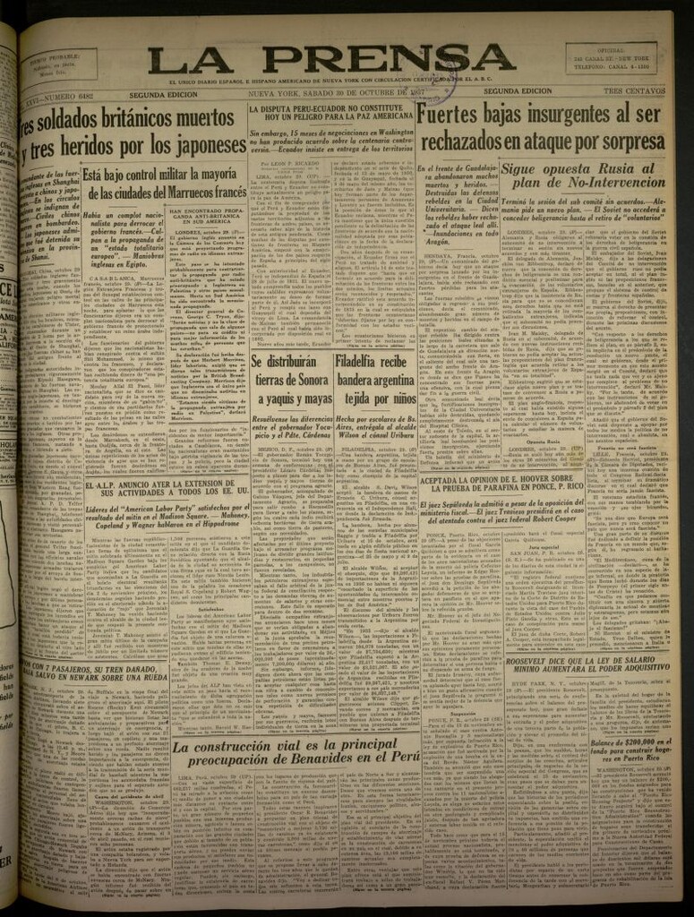 Miniatura de La Prensa: único diario español e hispano americano en Nueva York del 30 de octubre de 1937, nº 6482