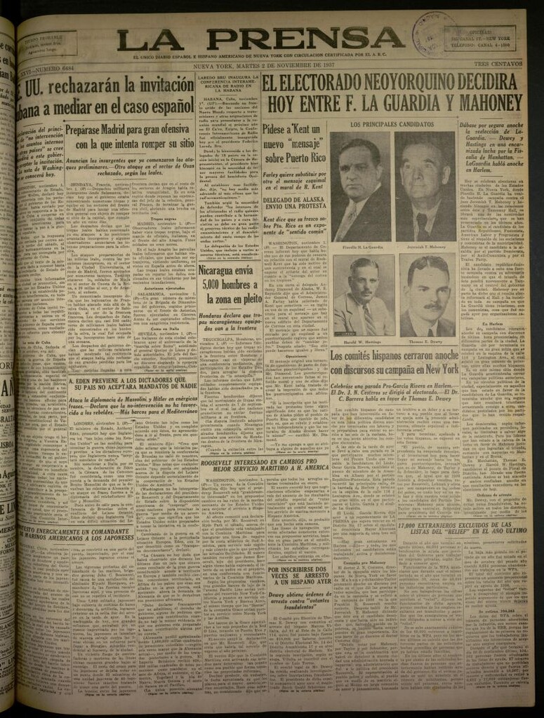 Miniatura de La Prensa: único diario español e hispano americano en Nueva York del 2 de noviembre de 1937, nº 6484
