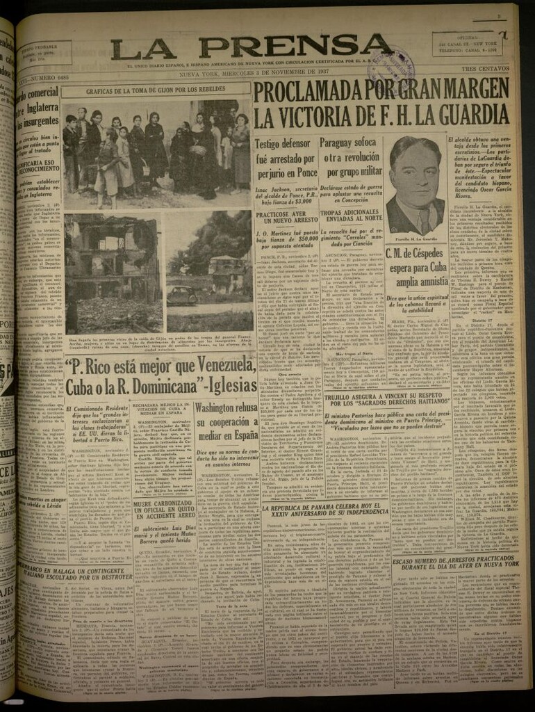 Miniatura de La Prensa: único diario español e hispano americano en Nueva York del 3 de noviembre de 1937, nº 6485