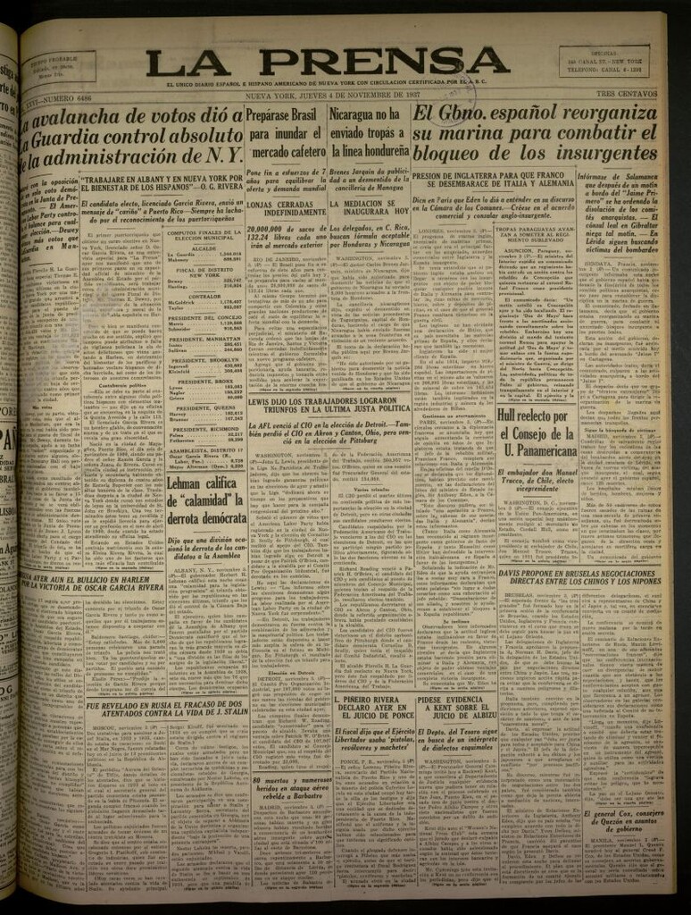Miniatura de La Prensa: único diario español e hispano americano en Nueva York del 4 de noviembre de 1937, nº 6486