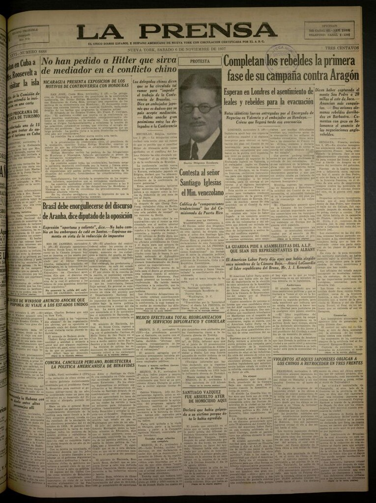 Miniatura de La Prensa: único diario español e hispano americano en Nueva York del 6 de noviembre de 1937, nº 6488