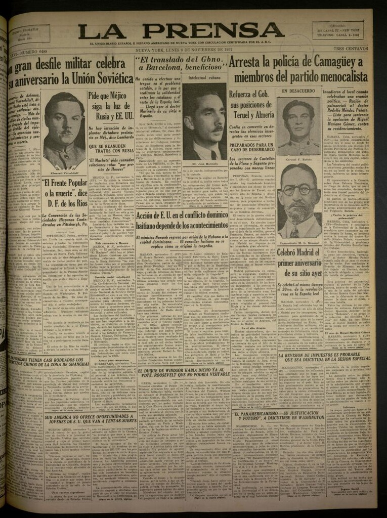 Miniatura de La Prensa: único diario español e hispano americano en Nueva York del 8 de noviembre de 1937, nº 6489