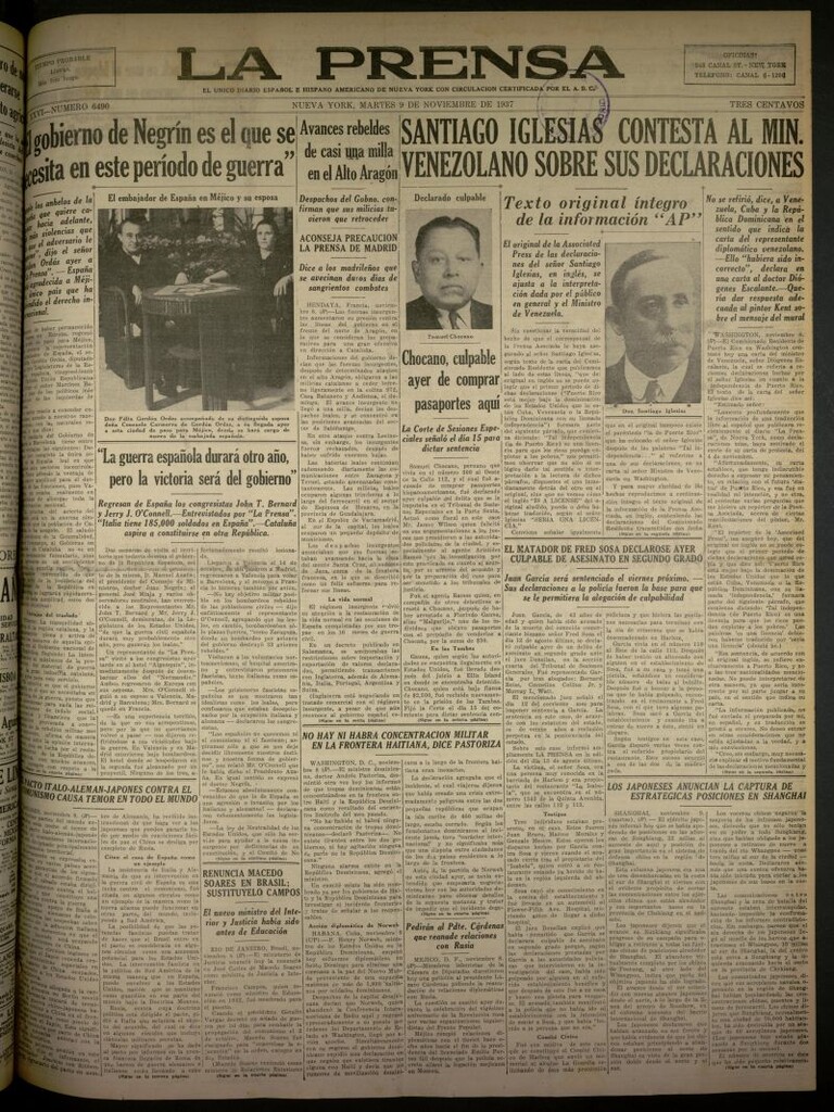 Miniatura de La Prensa: único diario español e hispano americano en Nueva York del 9 de noviembre de 1937, nº 6490