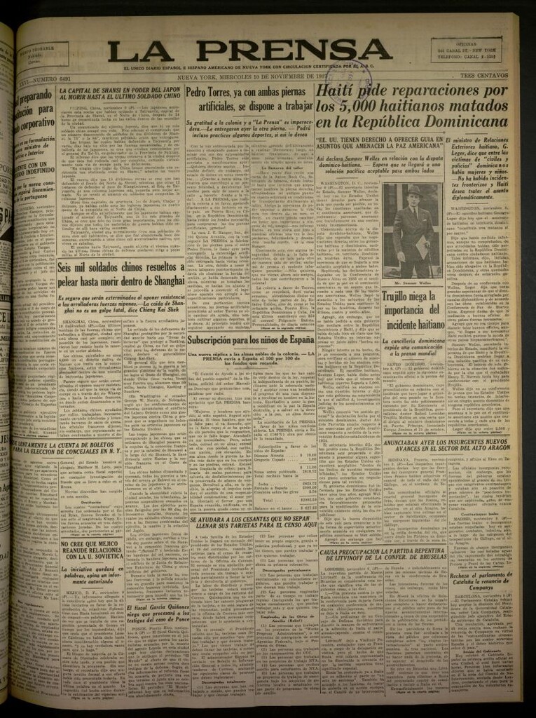 Miniatura de La Prensa: único diario español e hispano americano en Nueva York del 10 de noviembre de 1937, nº 6491