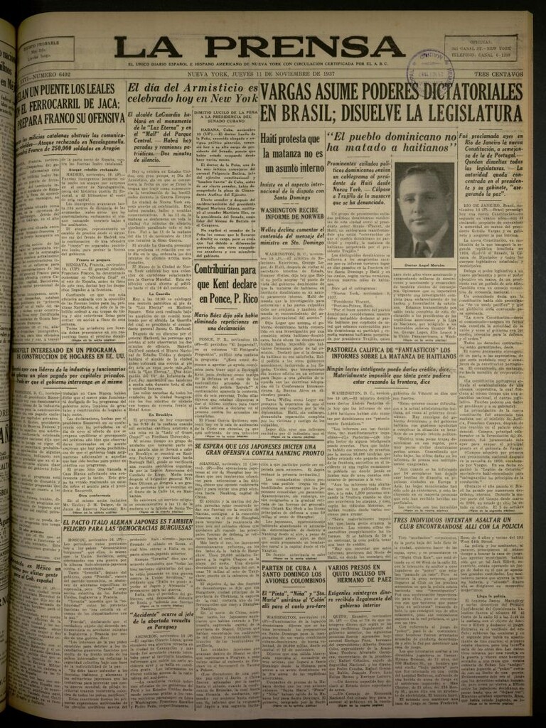 Miniatura de La Prensa: único diario español e hispano americano en Nueva York del 11 de noviembre de 1937, nº 6492
