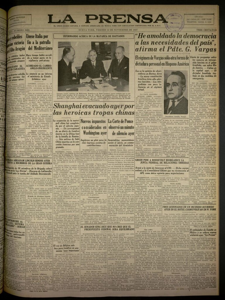 Miniatura de La Prensa: único diario español e hispano americano en Nueva York del 12 de noviembre de 1937, nº 6493