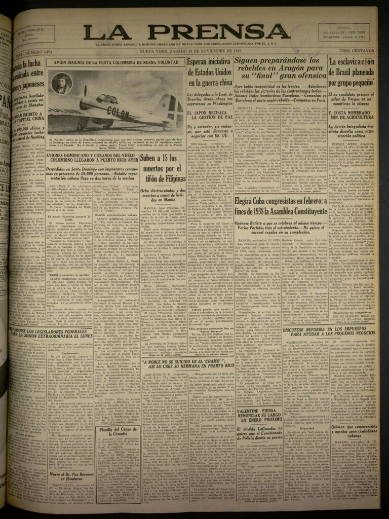Miniatura de La Prensa: único diario español e hispano americano en Nueva York del 13 de noviembre de 1937, nº 6494