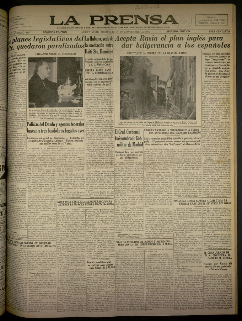Miniatura de La Prensa: único diario español e hispano americano en Nueva York del 17 de noviembre de 1937, nº 6497