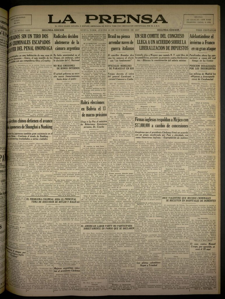 Miniatura de La Prensa: único diario español e hispano americano en Nueva York del 18 de noviembre de 1937, nº 6498