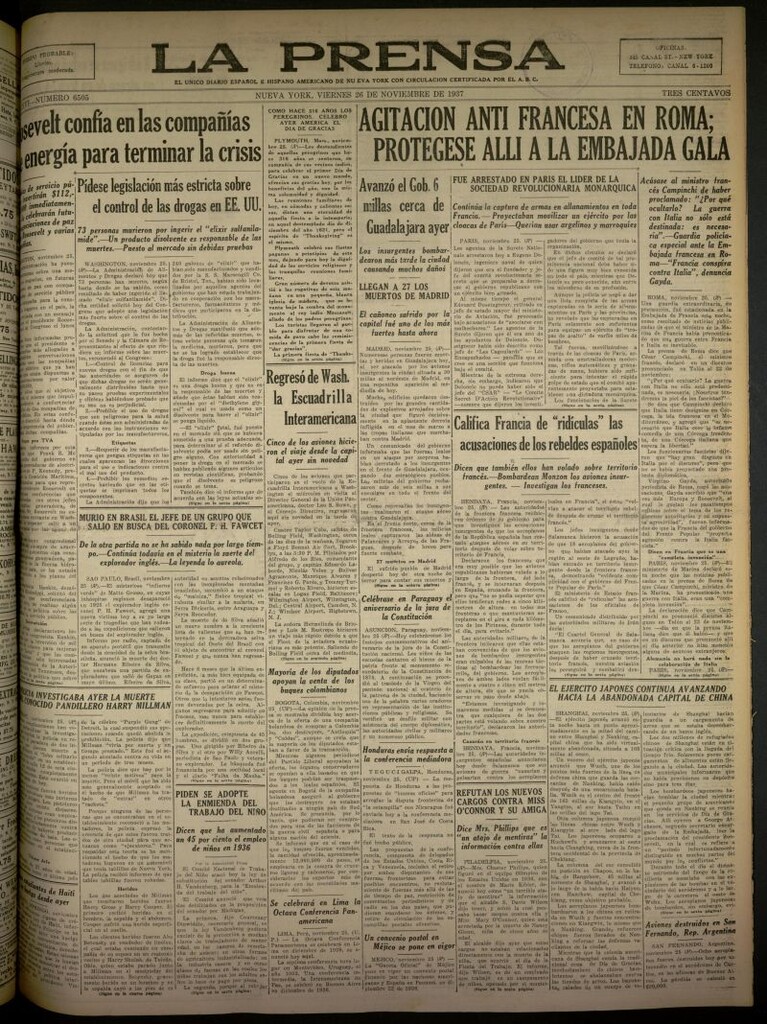 Miniatura de La Prensa: único diario español e hispano americano en Nueva York del 26 de noviembre de 1937, nº 6505