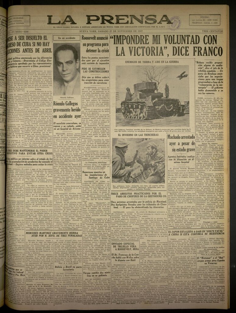 Miniatura de La Prensa: único diario español e hispano americano en Nueva York del 27 de noviembre de 1937, nº 6506