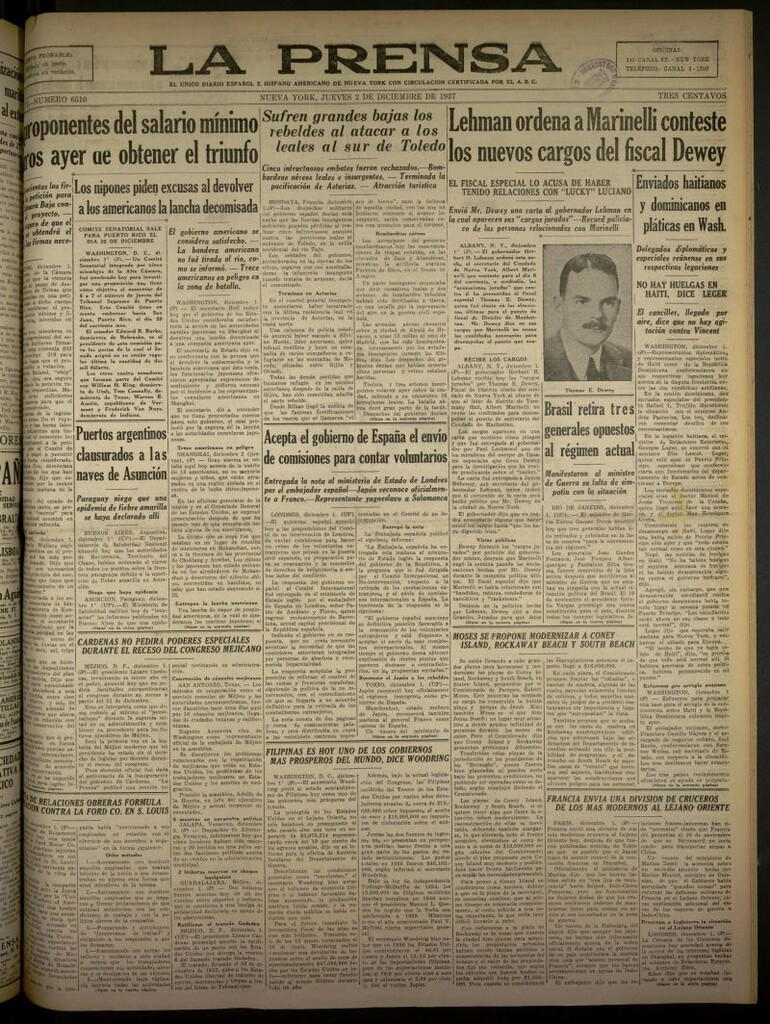 Miniatura de La Prensa: único diario español e hispano americano en Nueva York del 2 de diciembre de 1937, nº 6510