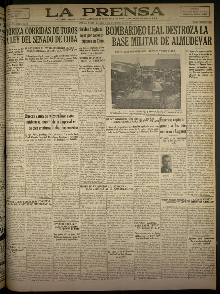Miniatura de La Prensa: único diario español e hispano americano en Nueva York del 6 de diciembre de 1937, nº 6513