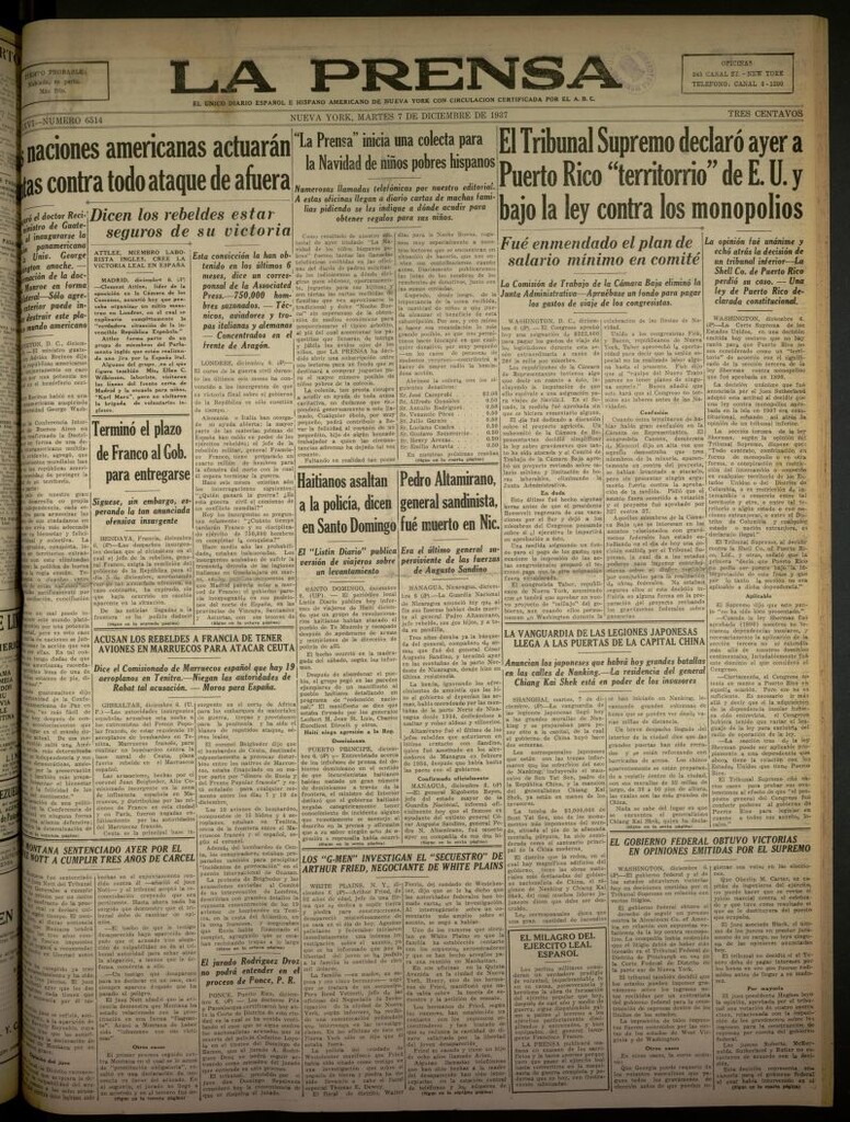 Miniatura de La Prensa: único diario español e hispano americano en Nueva York del 7 de diciembre de 1937, nº 6514