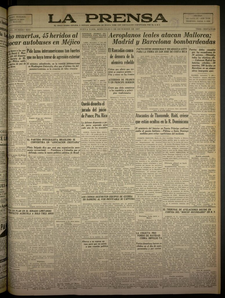 Miniatura de La Prensa: único diario español e hispano americano en Nueva York del 8 de diciembre de 1937, nº 6515