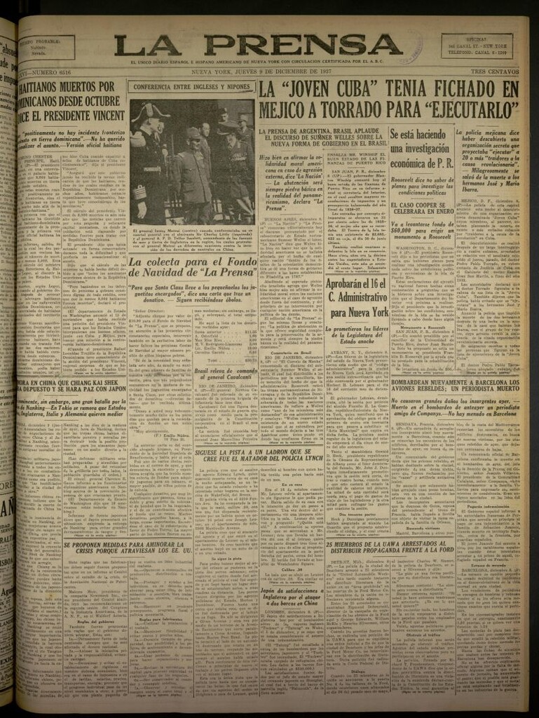 Miniatura de La Prensa: único diario español e hispano americano en Nueva York del 9 de diciembre de 1937, nº 6516