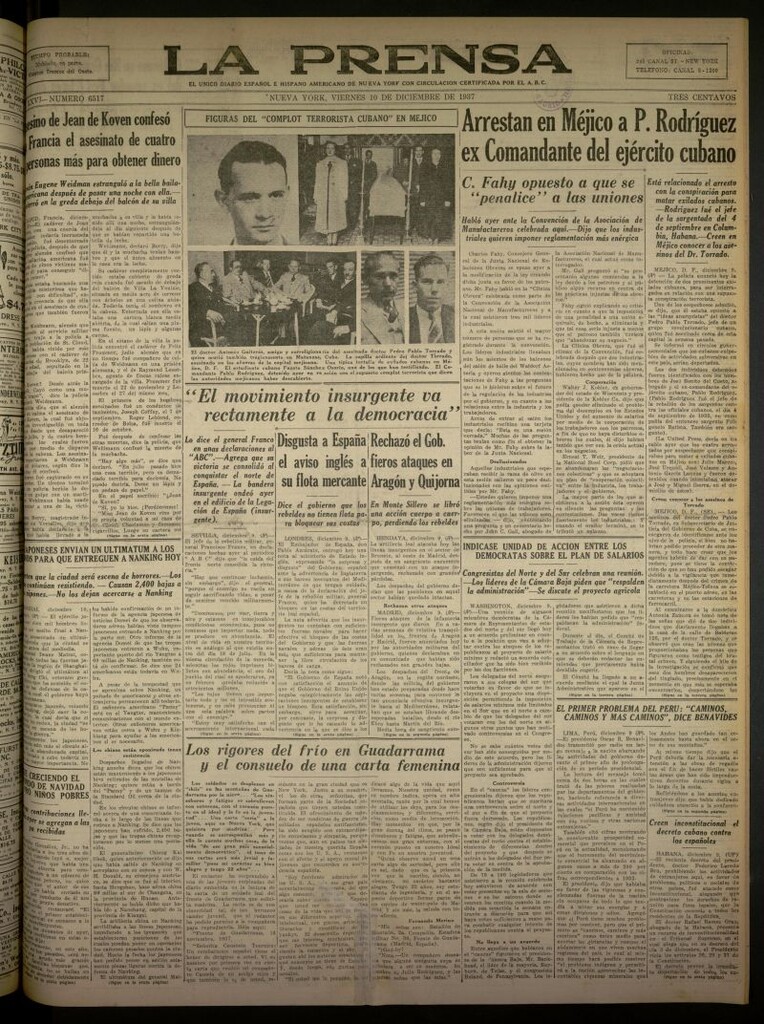 Miniatura de La Prensa: único diario español e hispano americano en Nueva York del 10 de diciembre de 1937, nº 6517