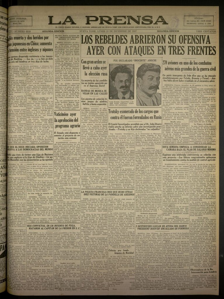 Miniatura de La Prensa: único diario español e hispano americano en Nueva York del 13 de diciembre de 1937, nº 6519