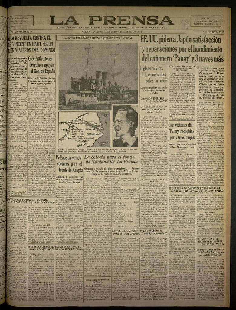 Miniatura de La Prensa: único diario español e hispano americano en Nueva York del 14 de diciembre de 1937, nº 6520