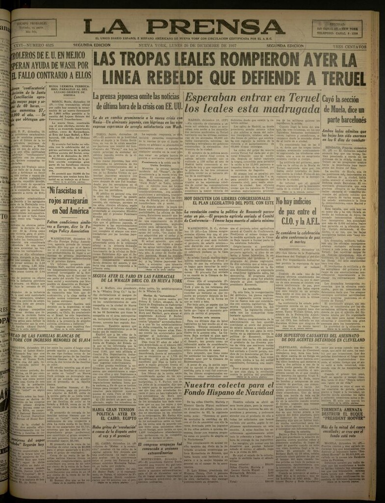 Miniatura de La Prensa: único diario español e hispano americano en Nueva York del 20 de diciembre de 1937, nº 6525