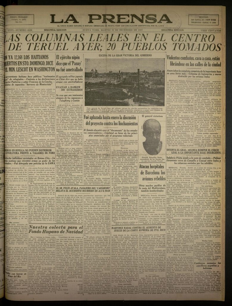 Miniatura de La Prensa: único diario español e hispano americano en Nueva York del 21 de diciembre de 1937, nº 6526