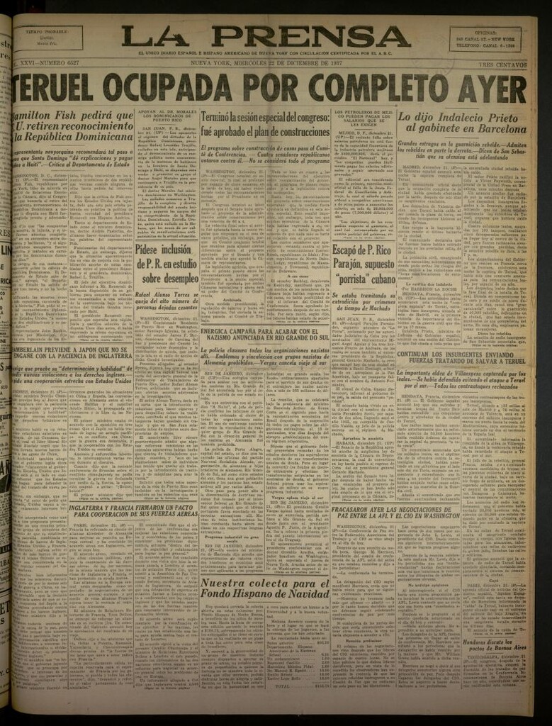 Miniatura de La Prensa: único diario español e hispano americano en Nueva York del 22 de diciembre de 1937, nº 6527
